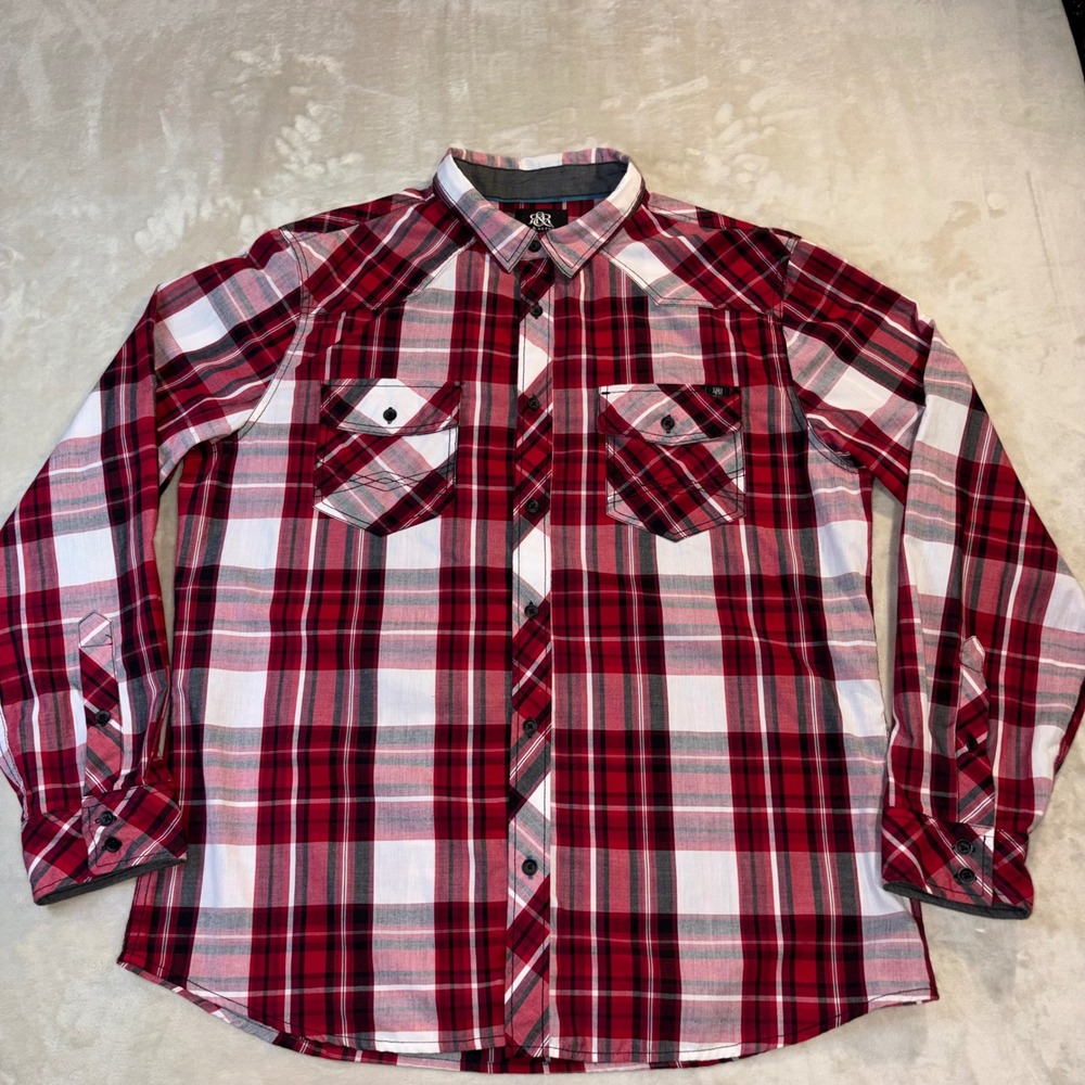 Rock & Republic Mens XL Red Plaid Long Sleeve Western Button Down Shirt Pocket